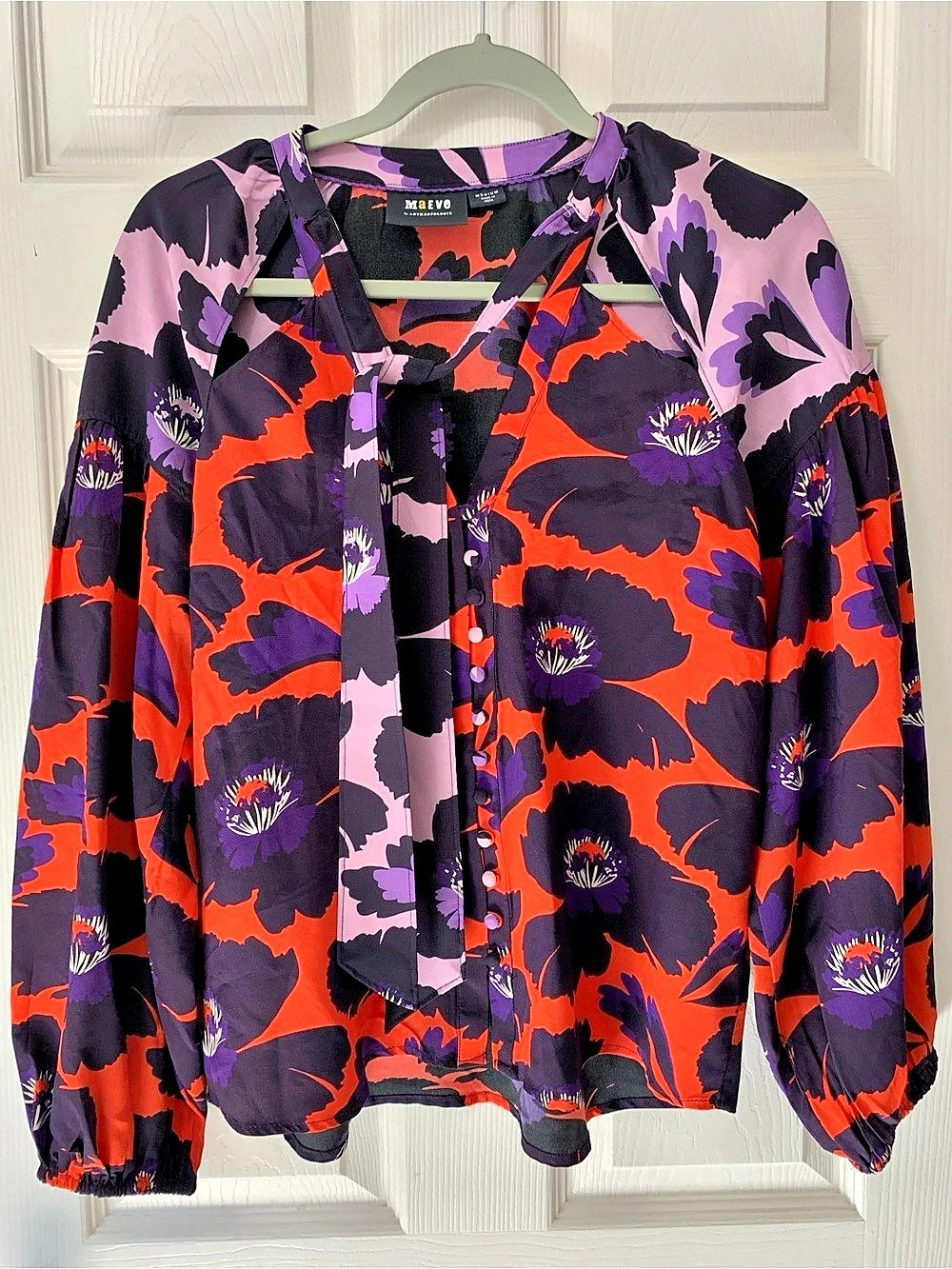 Maeve Floral Silk Blouse in Purple & Orange Size Medium